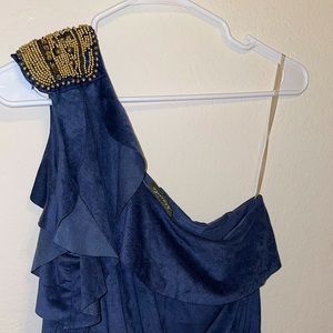 Maude off one shoulder blue suede dress. Beautiful jewels on shoulder size L